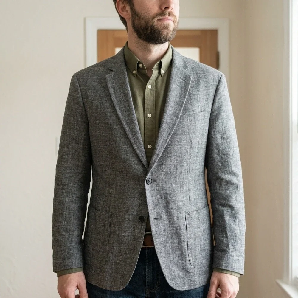 Banana Republic Mens Blazer 44R Grey Linen Two-Button Notch Lapel Business